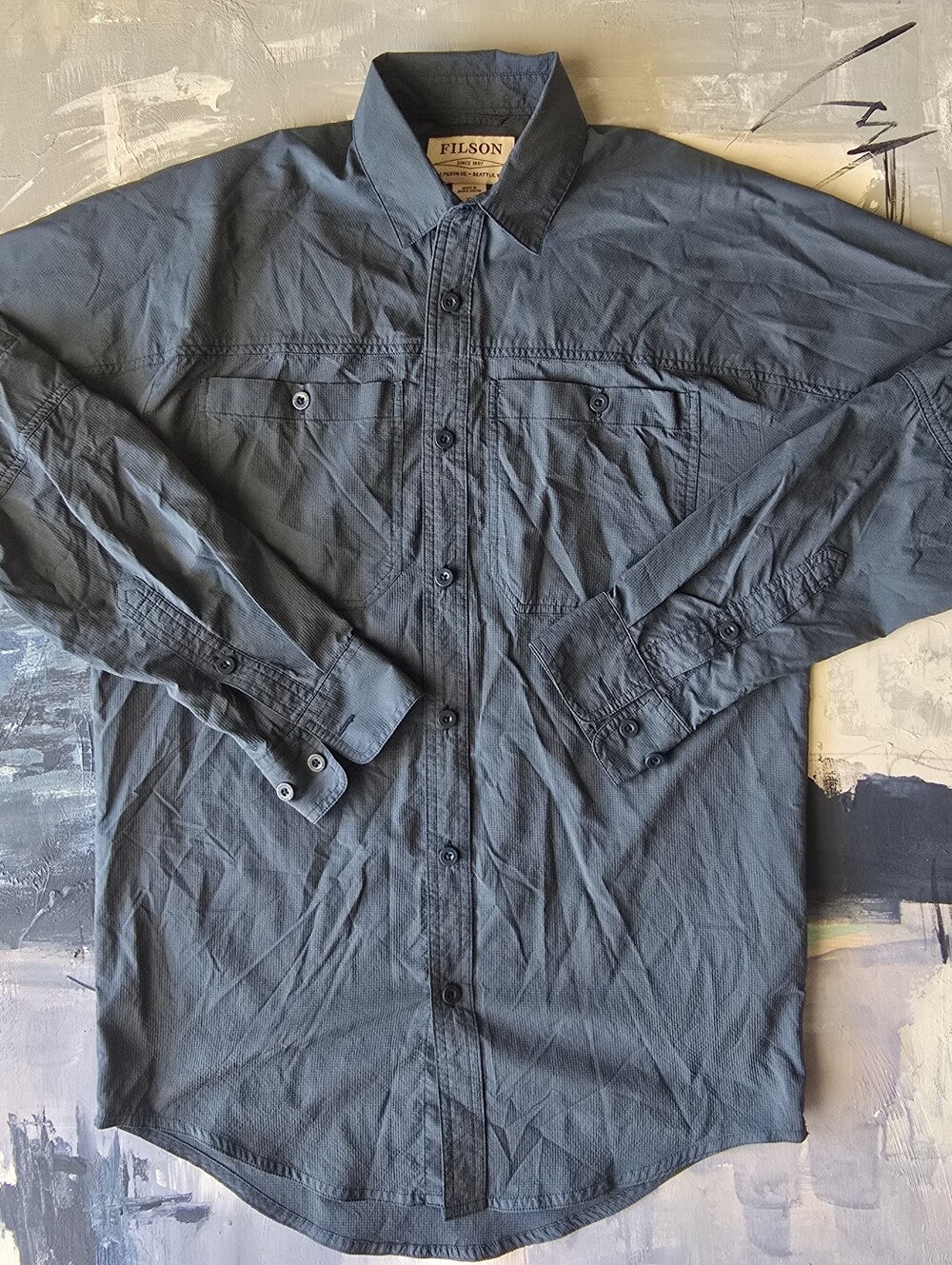 Filson Sportsman Long Sleeve Button Down Nylon Shirt Mens Small Orion Blue